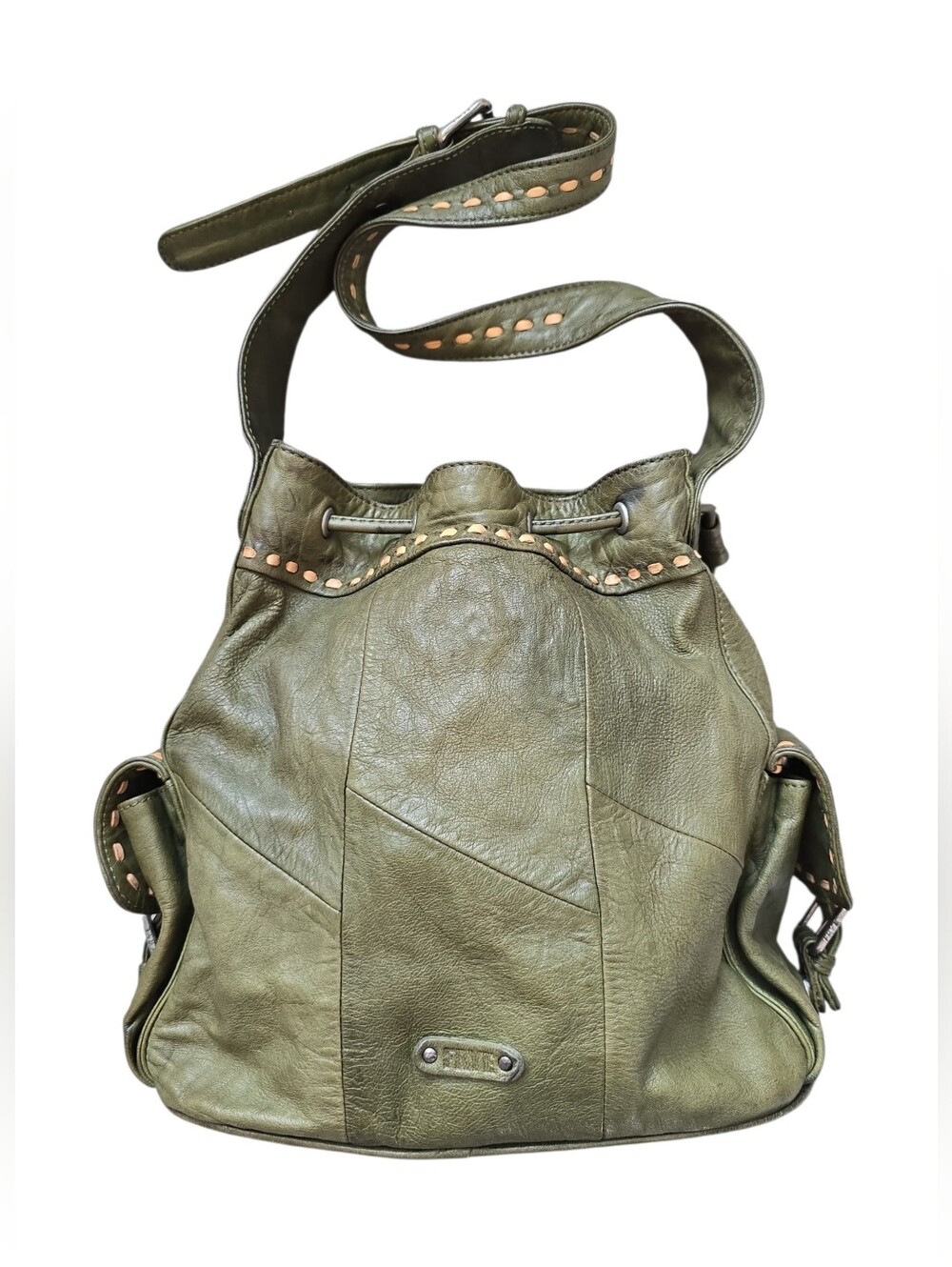 Vintage Frye Harmony Bucket Shoulder Bag DB472 in olive green leather EUC